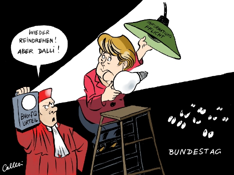 Paolo Calleri Karikaturist Freier Grafiker Illustrator Politische Karikatur Es Werde Licht Bundesverfassungsgericht Bverfg Urteil Entscheidung Mitsprache Bundestag Parlament Koalition Regierung Schwarzgelb Esm Rettungsschirm