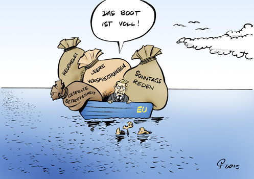 Paolo Calleri Karikaturist Freier Grafiker Illustrator Politische Karikatur Volles Boot Eu Fluchtlinge Asylanten Staaten Aufnahme Quote Kommission Bootsfluchtlinge Bootsunglucke Verteilung Einwanderung Widerstand Verantwortung