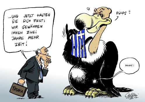 Paolo Calleri Karikaturist Freier Grafiker Illustrator Politische Karikatur Mehr Zeit Griechenland Athen Troika Aufschub Krise Schuldenkrise Euro Eurozone Iwf Eu Ezb Reformen Sparen Konsolidierung Eurogruppe Finanzierungslucke