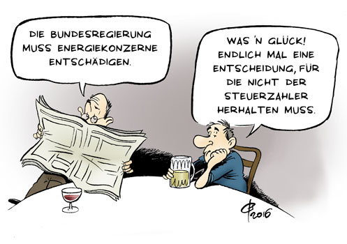 Paolo Calleri Karikaturist Freier Grafiker Illustrator Politische Karikatur Entschadigung Deutschland Atomausstieg Energie Energiekonzerne Atomstrom Energiewende Bundesregierung Fukushima Katastrophe Entschadigung Justiz